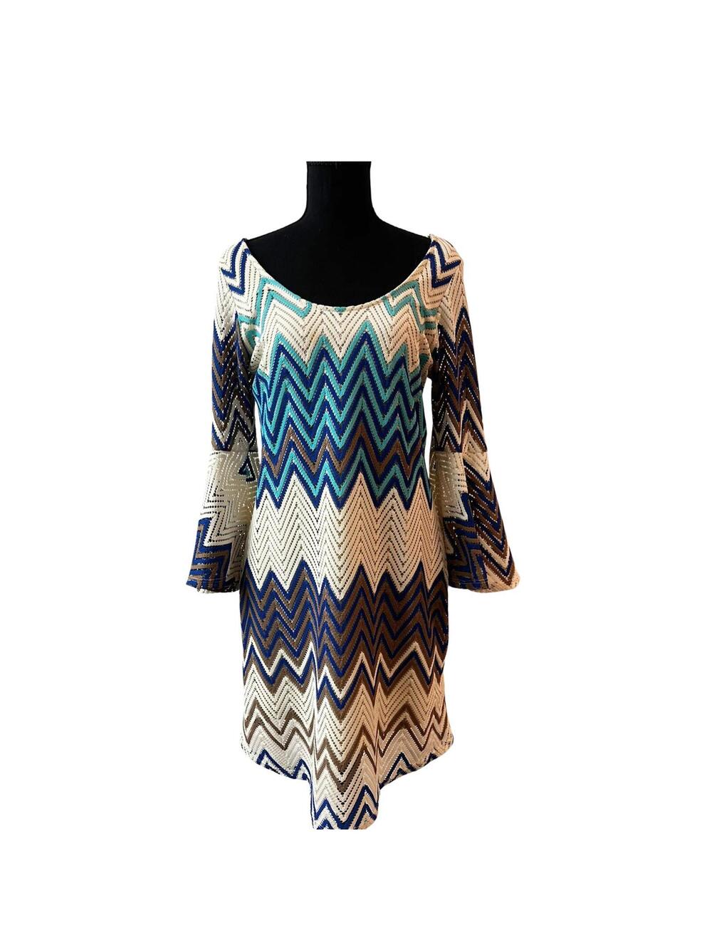 Missoni Style Chevron Knit Dress Bell Sleeve Blue Boho Mini Dress Womens Medium